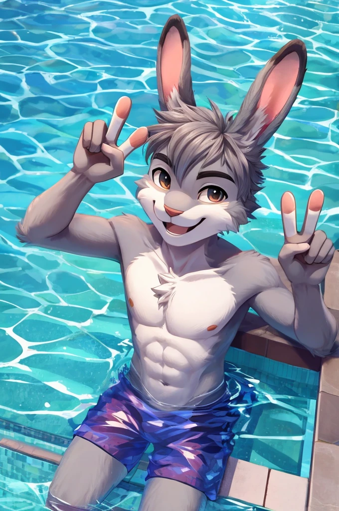 Top shot of an anthropomorphic male age gray rabbit which is relaxing on a pool with crystal clear water, all this while showing a smile on his face, winks and has an arm extended upward while his hand gestures a V sign, the scene is perfectly lit by the midday sun.