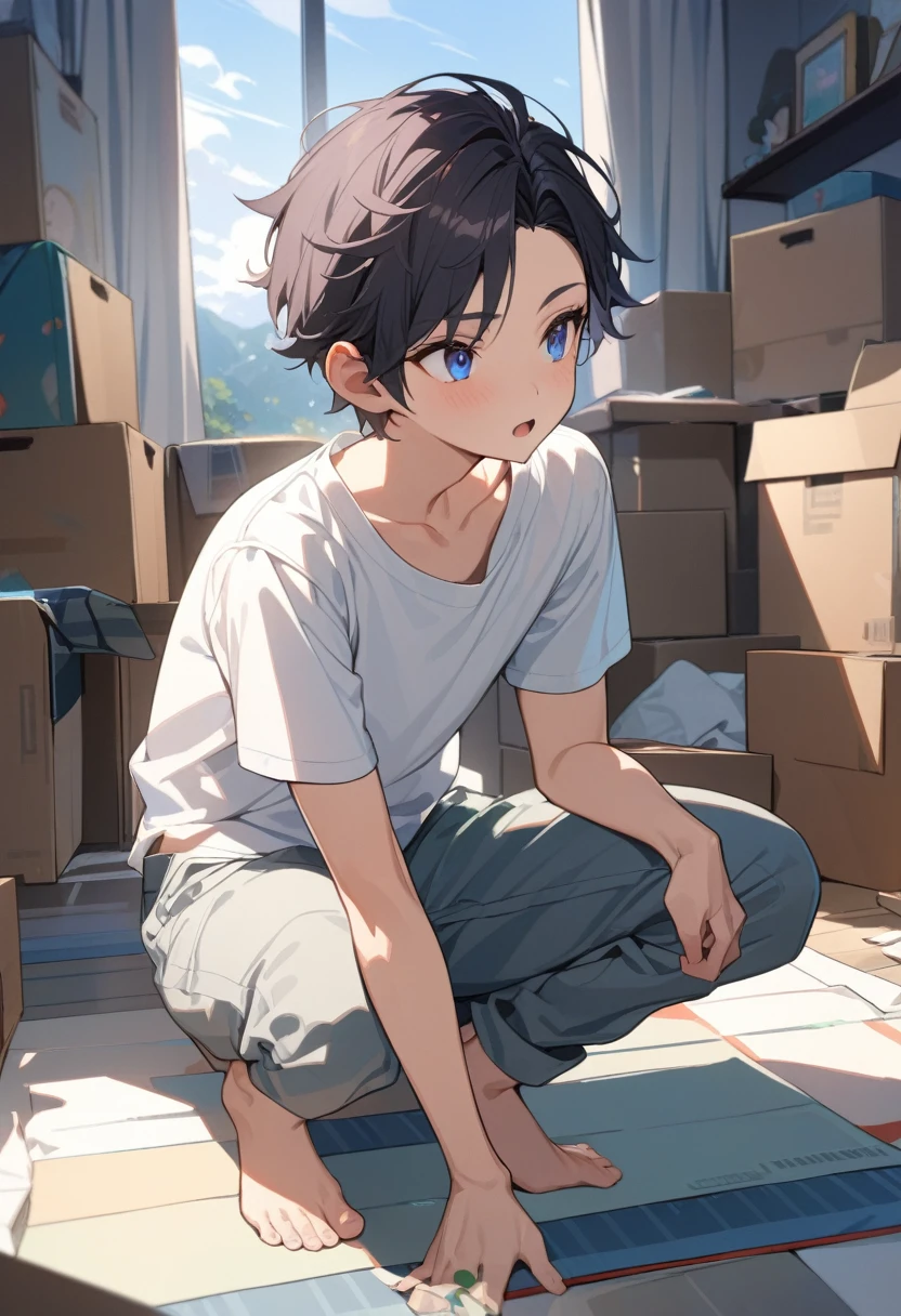 masterpiece, best quality, extremely detailed, ultra detailed, flat anime, 2D,
((1boy)),black hair, (short hair:1.5),blue eyes, height 1.7meters,  (circle eyes:1.2),  (young adult:1.2), Ear-length sideburns,
long Sleeves, White T-shirt, barefoot, ((short sleeves)), ((long pants)),
squatting, looking away, expressionless,open mouth, full body,three-quarter view,
summer, 12AM, livingroom,organizing the boxes., I'm looking at the material in my hand.