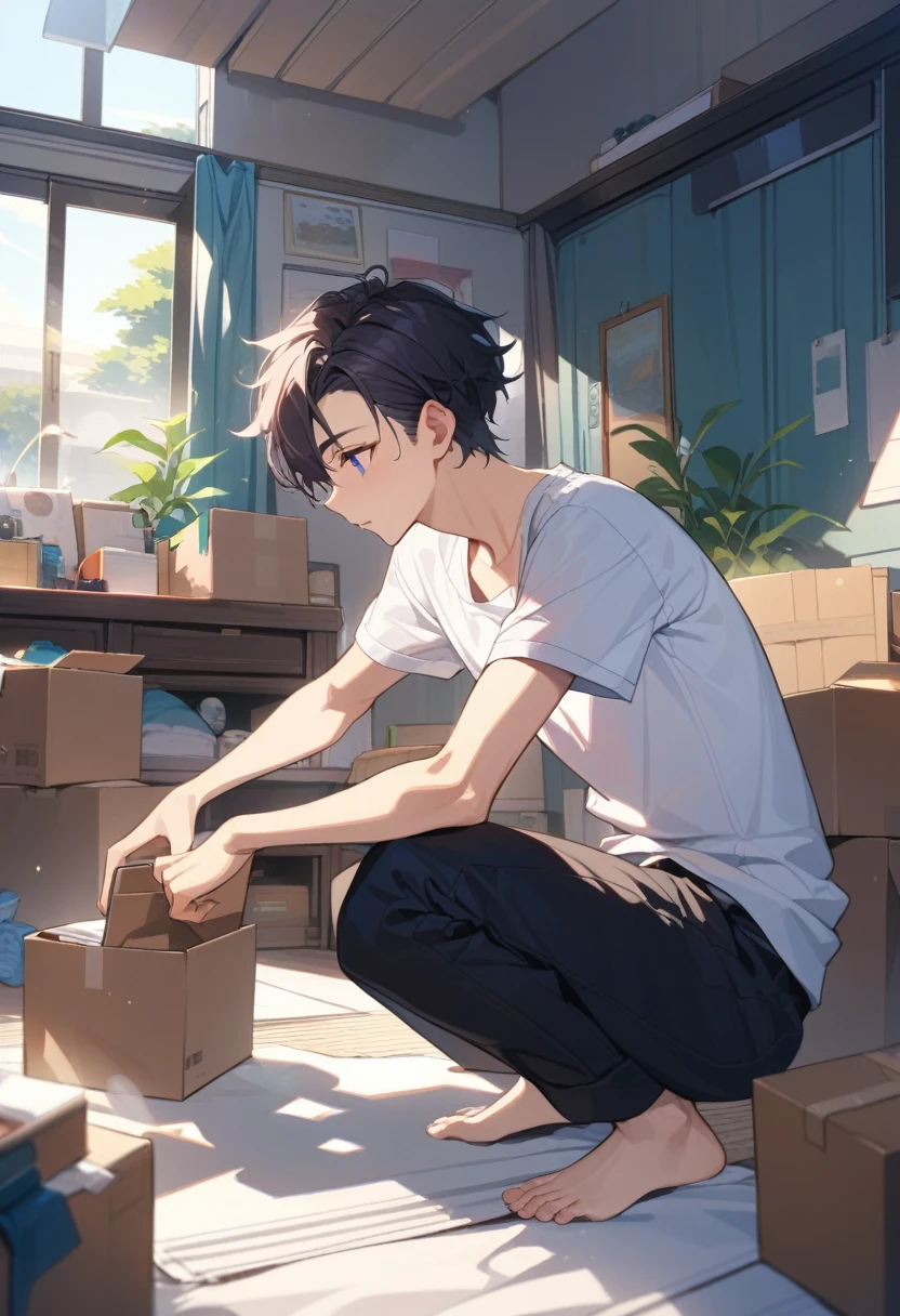 masterpiece, best quality, extremely detailed, ultra detailed, flat anime, 2D,
((1boy)),black hair, (short hair:1.5),blue eyes, height 1.7meters, (circle eyes:1.2), (young adult:1.2), Ear-length sideburns,
long Sleeves, White T-shirt, barefoot, ((short sleeves)), ((long pants)),
squatting, looking away, expressionless,open mouth, full body,three-quarter view,
summer, 12AM, livingroom,organizing the boxes., I'm looking at the material in my hand.