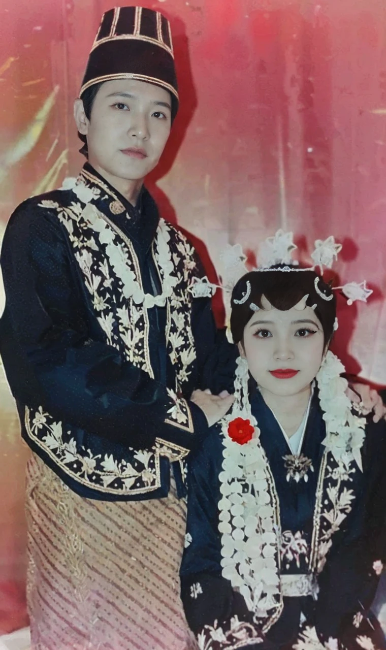 Indonesian bride and groom, they wear traditional Javanese traditional clothes, the clothes have white jasmine flowers, brown sarongs, red roses