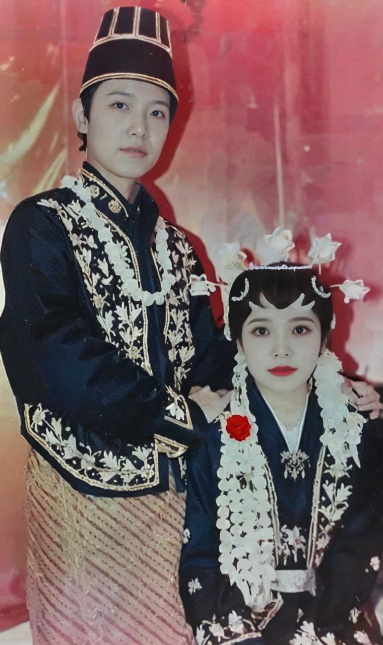 Indonesian bride and groom, they wear traditional Javanese traditional clothes, the clothes have white jasmine flowers, brown sarongs, red roses