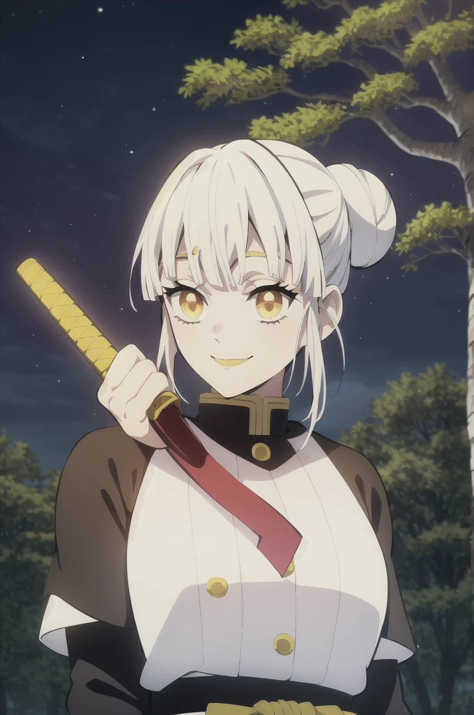 kimetsu no yaiba style, 1girl, white hair in a bun, demon slayer uniform, solo, yellow eyes,holds a katana ,white hair, black cape, cape, outdoors, bangs, tree,, anime coloring,  ((masterpiece)) ,  night background , beautiful girl, cute, solo , smiling, waving 