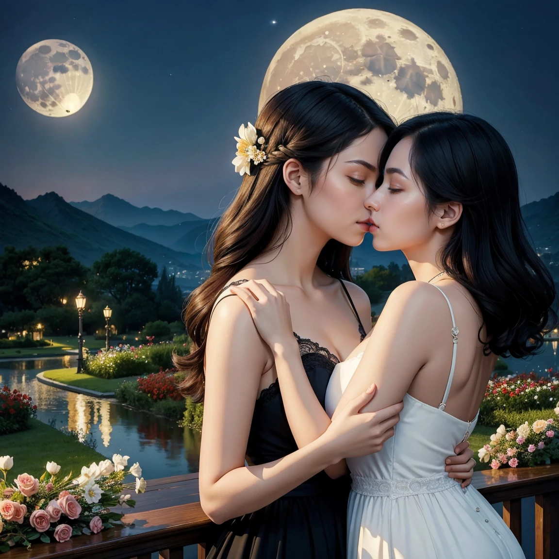 (masterpiece, best quality:1.5), two women is deeply in love with each other, kiss, romantic atmosphere, flower and moon, magnificent panorama view