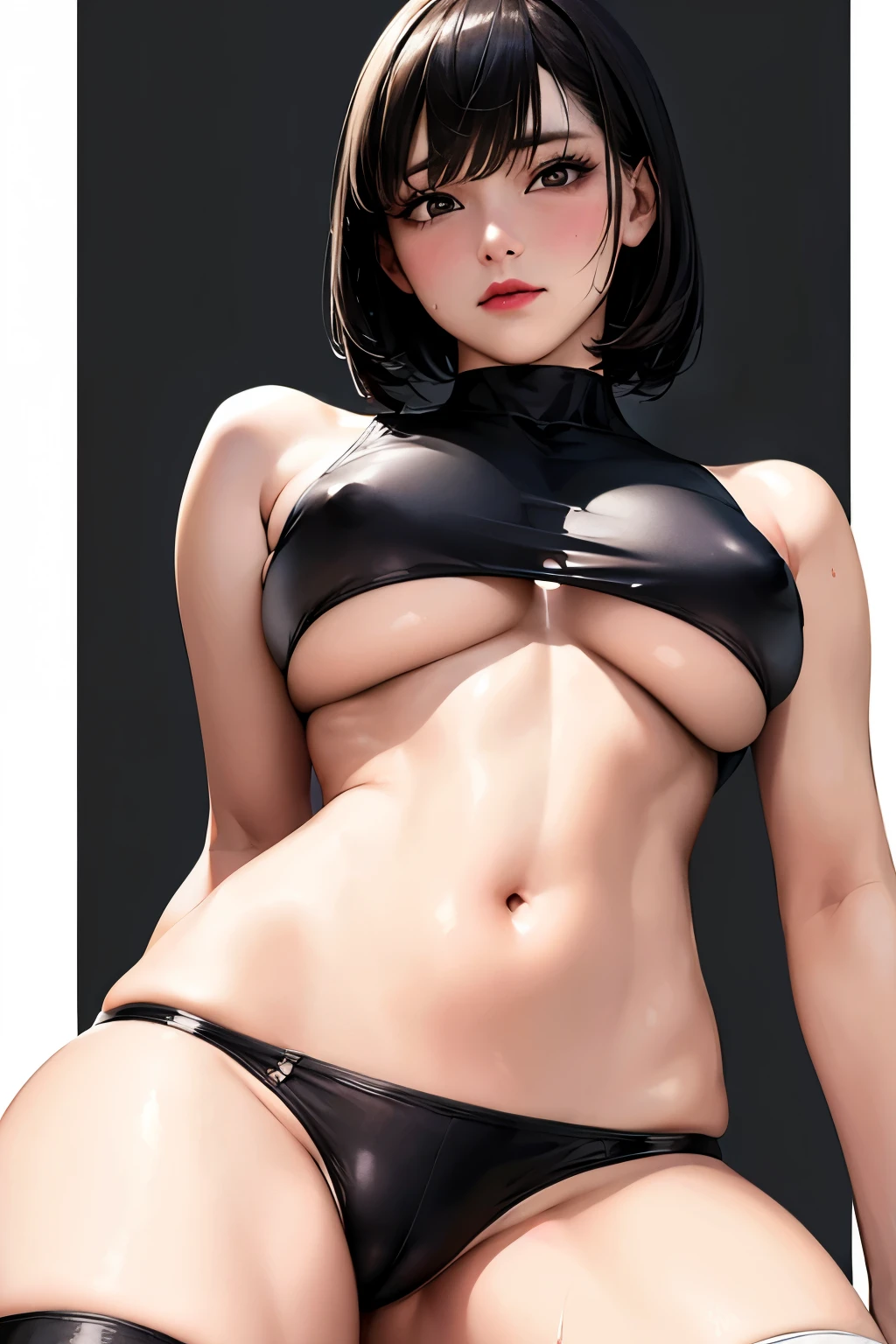 ((masterpiece, best_quality)), (photorealistic:1.4), solo, 1 girl, white_background, black_hair, short_hair, zettai_ryouiki, bikini lingeries, outline nipple can be seen through the clothes, areola bulge, Chuck Taylor, belly, crotch gap, cameltoe ,shiny skin, sweaty skin, nose blush, underboobs, clit