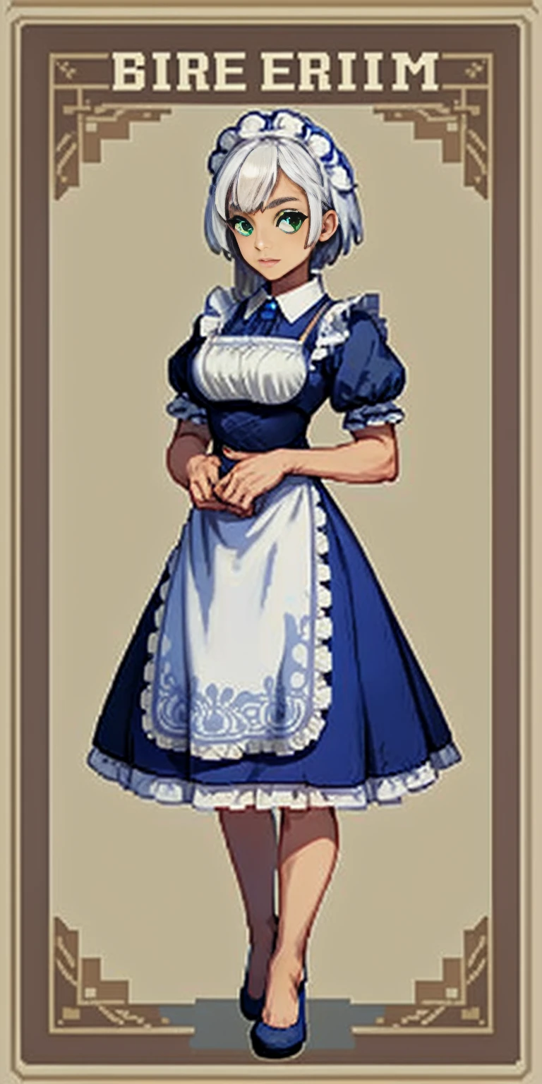 (masterpiece, top quality, best quality) pixel art, 1girl full body toe to head, white hair, green eyes, blue maid dress
