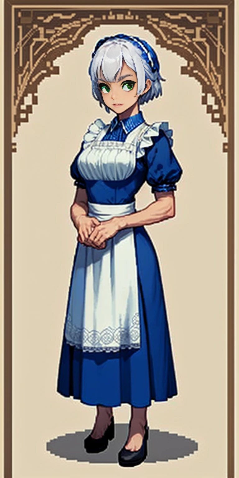 (masterpiece, top quality, best quality) pixel art, 1girl full body toe to head, white hair, green eyes, blue maid dress
