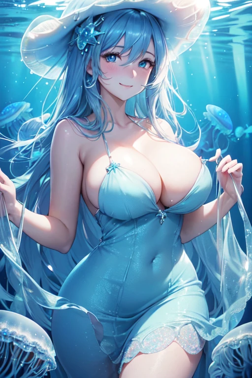 (high quality, High resolution, Fine details), under deep sea, (jellyfish:1.2), Light blue dress, alone, Curvaceous mature woman, Sparkling eyes, (Detailed eyes:1.2), smile, blush, (Oily skin), (Backlight:1.2), Soft tones, Shallow depth of field