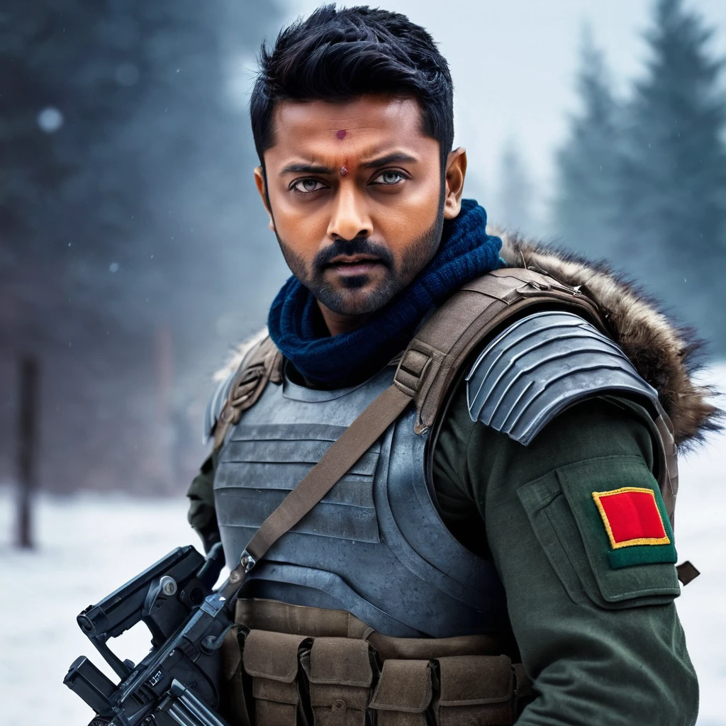 Create a portrait of actor surya as a super soldier with iron arm in a winter war zone