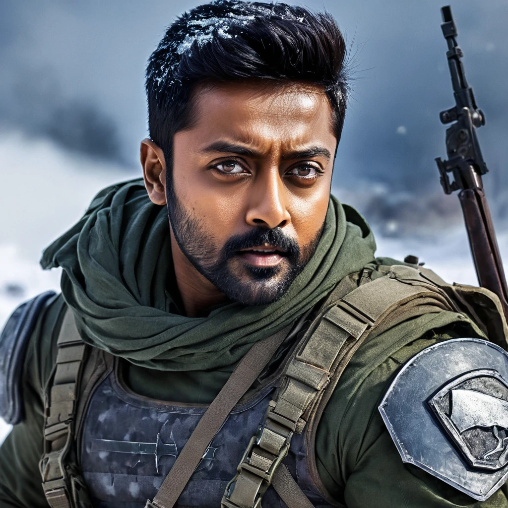 Create a portrait of actor surya as a super soldier with iron arm in a winter war zone 