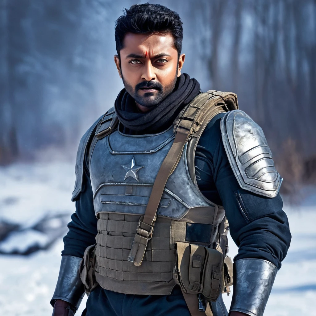 Create a portrait of actor surya as a super soldier with iron arm in a winter war zone 