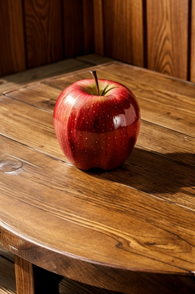 • A - "A shiny red apple on a wooden table"