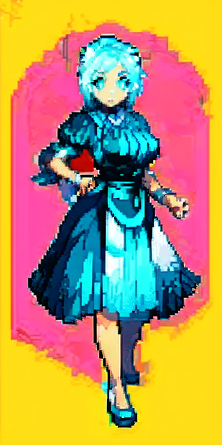 (masterpiece, top quality, best quality) pixel art, 1girl full body toe to head, white hair, green eyes, blue maid dress