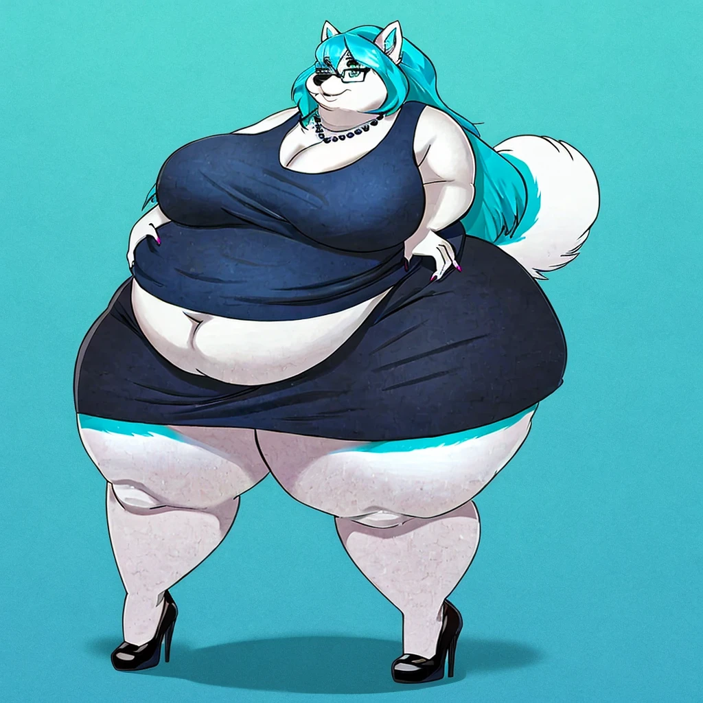 Malamute, female, long cyan hair, huge breasts, huge hips, huge thighs, plump, voluptuous, morbidly obese, feminine, gorgeous, beautiful, eyelashes, fat arms, fat legs, fat neck, chubby cheeks, double chin,tank top, black skirt,cyan hair, cyan fur, cyan eyes, pear-shapped figure, claws,cyan claws simple background, rectangular glasses , necklace , fullbody, graceful,cyan eyes, bottom heavy tufy of hair on eye, big belly, high heels 