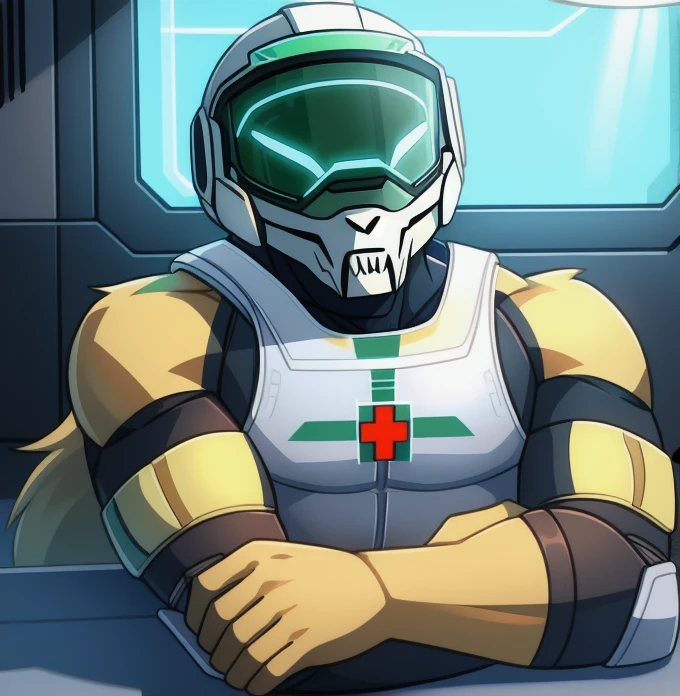 solo, male, rabbit, yellow colored fur, anthropomorphic rabbit, sci-fi medic, liquid tank on back, helmet with visor, skull carved into visor, white medical suit, needle hand, tank with a tube connected to the arm, intimidating, halo Spartan suit, sci-fi armour, super armored 