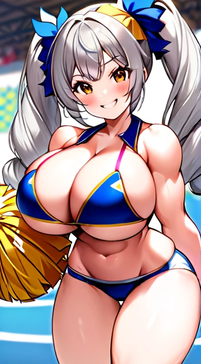 Cheerleader,Big Breasts,Gray Hair,Twin tails,Young girl body,Muscle girl,smile