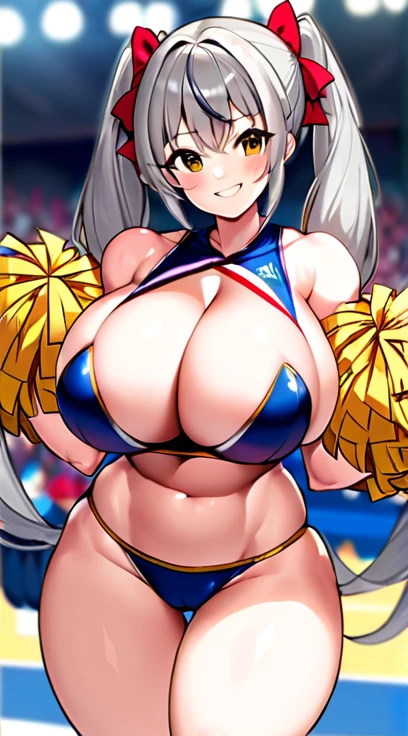 Cheerleader,Big Breasts,Gray Hair,Twin tails,Young girl body,Muscle girl,smile