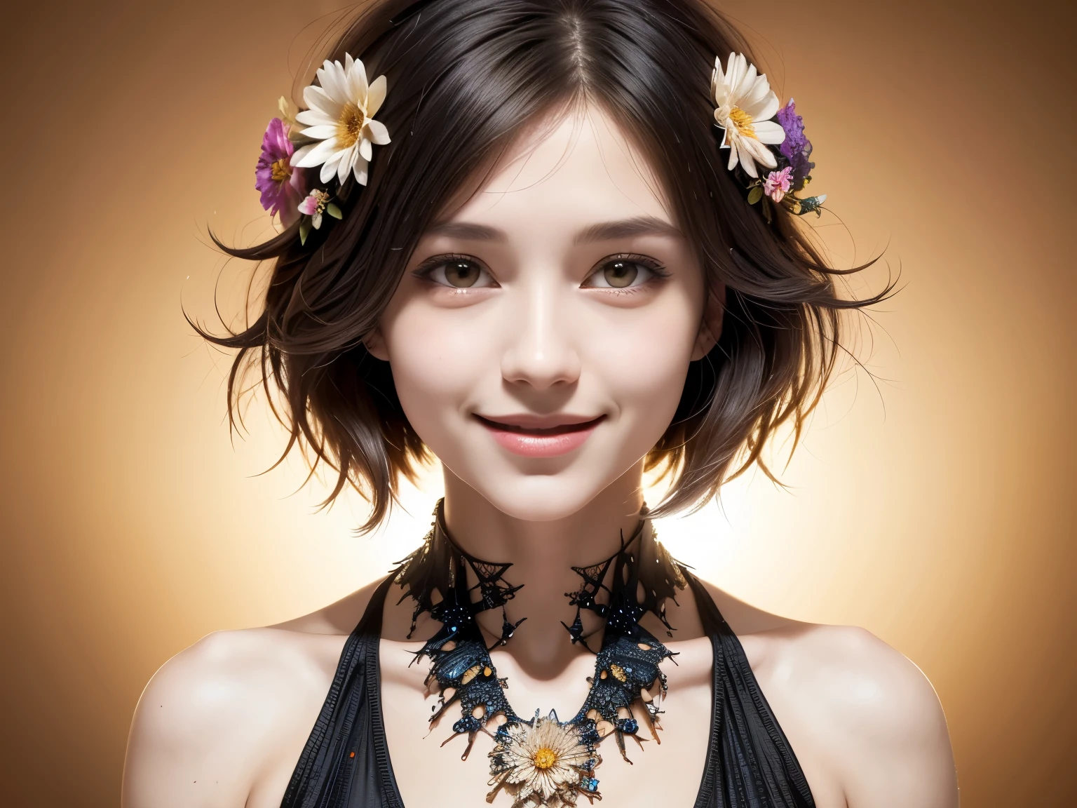 257 20-year-old female, (short hair),(Abstract background,Fractal Art), smile, flower