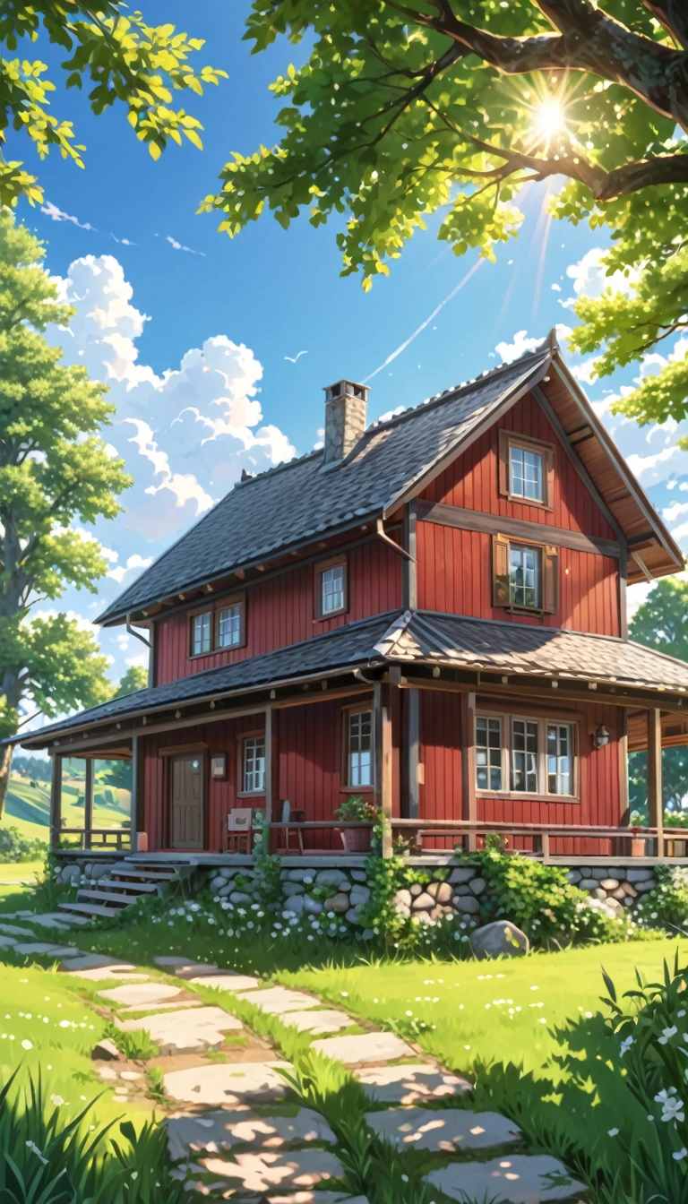 a beautiful house in the countryside, 1 story house, country house, rustic house, wooden house, farmhouse, green grass, lush trees, blue sky, fluffy clouds, sunlight, peaceful landscape, tranquil scene, (best quality, 4k, 8k, highres, masterpiece:1.2), ultra-detailed, (realistic, photorealistic, photo-realistic:1.37), natural lighting, serene, idyllic, warm color palette