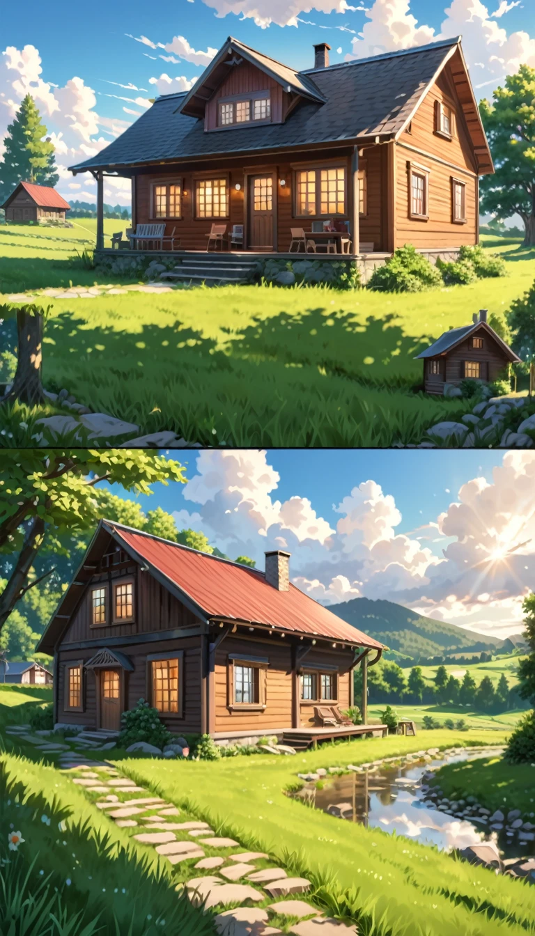 a beautiful house in the countryside, 1 story house, country house, rustic house, wooden house, farmhouse, green grass, lush trees, blue sky, fluffy clouds, sunlight, peaceful landscape, tranquil scene, (best quality, 4k, 8k, highres, masterpiece:1.2), ultra-detailed, (realistic, photorealistic, photo-realistic:1.37), natural lighting, serene, idyllic, warm color palette