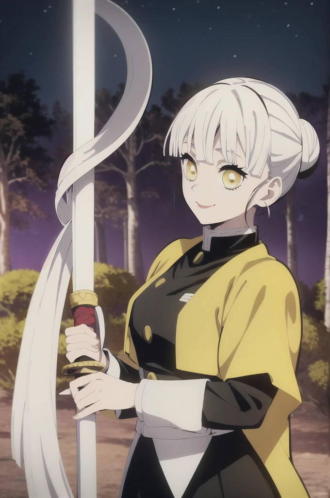 kimetsu no yaiba style, 1girl, white hair in a bun, demon slayer uniform, solo, yellow eyes,holds a katana ,white hair, black cape, black haori, outdoors, bangs, tree,, anime coloring, ((masterpiece)) , night background , beautiful girl, cute, solo , smiling, waving