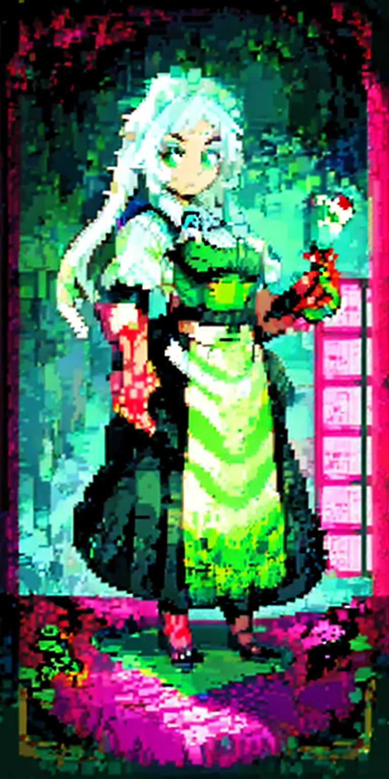 (masterpiece, top quality, best quality) pixel art, 1girl full body toe to head, white hair, green eyes, blue maid dress