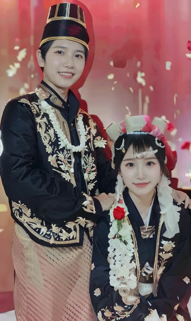 Indonesian bride and groom, they wear traditional Javanese traditional clothes, the clothes have white jasmine flowers, brown sarongs, red roses