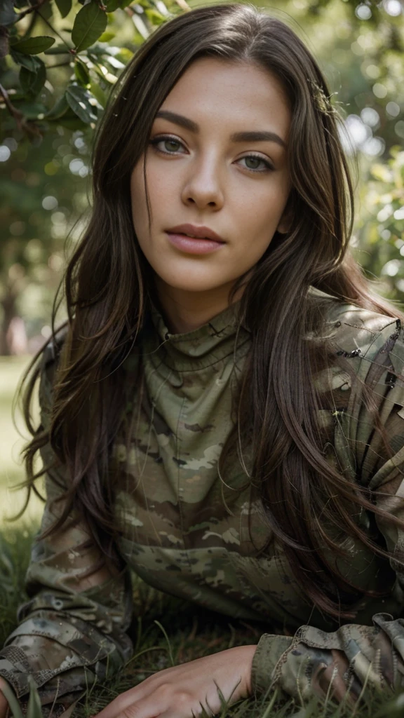 A woman in a military ghillie suit, lying on her stomach on the grass, seamlessly blending into the background, beautiful detailed eyes, beautiful detailed lips, extremely detailed eyes and face, long eyelashes, photorealistic, 8k, masterpiece, intricate details, natural lighting, lush greenery, realistic textures, muted color palette