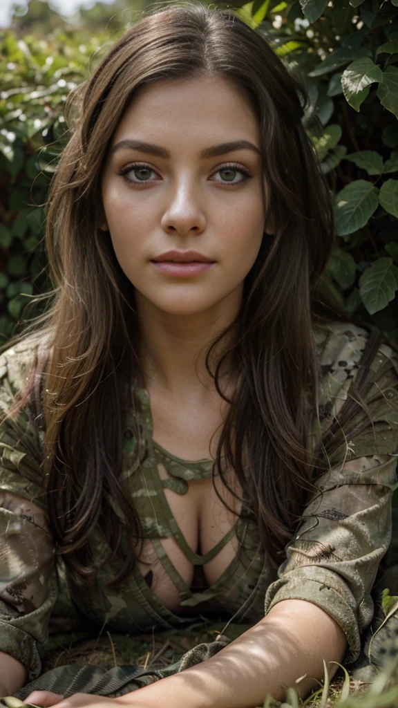 A woman in a military ghillie suit, lying on her stomach on the grass, seamlessly blending into the background, beautiful detailed eyes, beautiful detailed lips, extremely detailed eyes and face, long eyelashes, photorealistic, 8k, masterpiece, intricate details, natural lighting, lush greenery, realistic textures, muted color palette