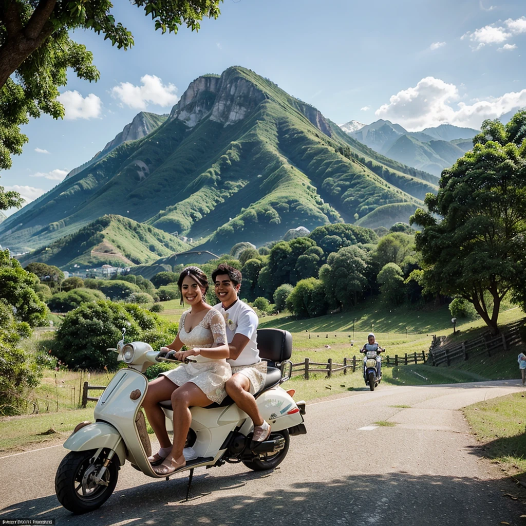 Create a caricature of two people wearing traditional wedding attire riding a white scooter with writing "Just Married" on its side with a backdrop of lush greenery and mountains under a bright blue sky.