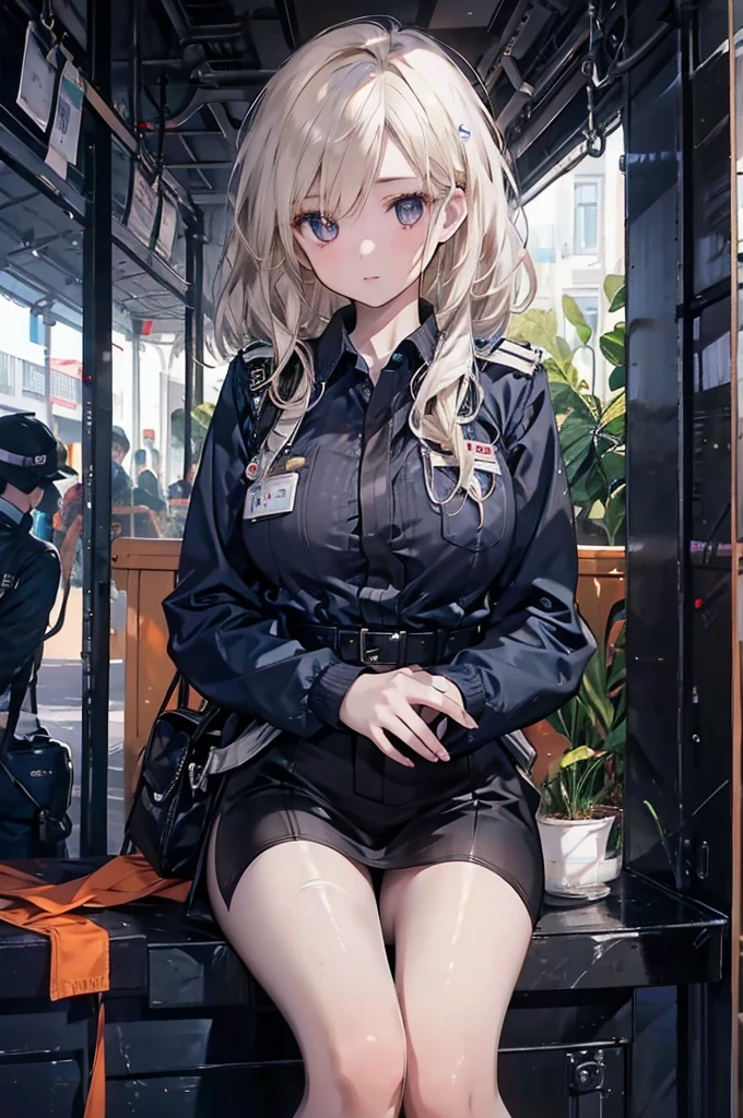 1 Girl:1.3), Solitary, __body parts__ Delicate and realistic skin, Pale skin, Large target, Official Art, Unity 16K Wallpaper, Ultra Detailed, beauty, masterpiece, best quality, Awesome atmosphere, Calming color palette, A calm mood, Soft shadows, Airline stewardess, charm,Large Breasts,Black tights,Police Uniform