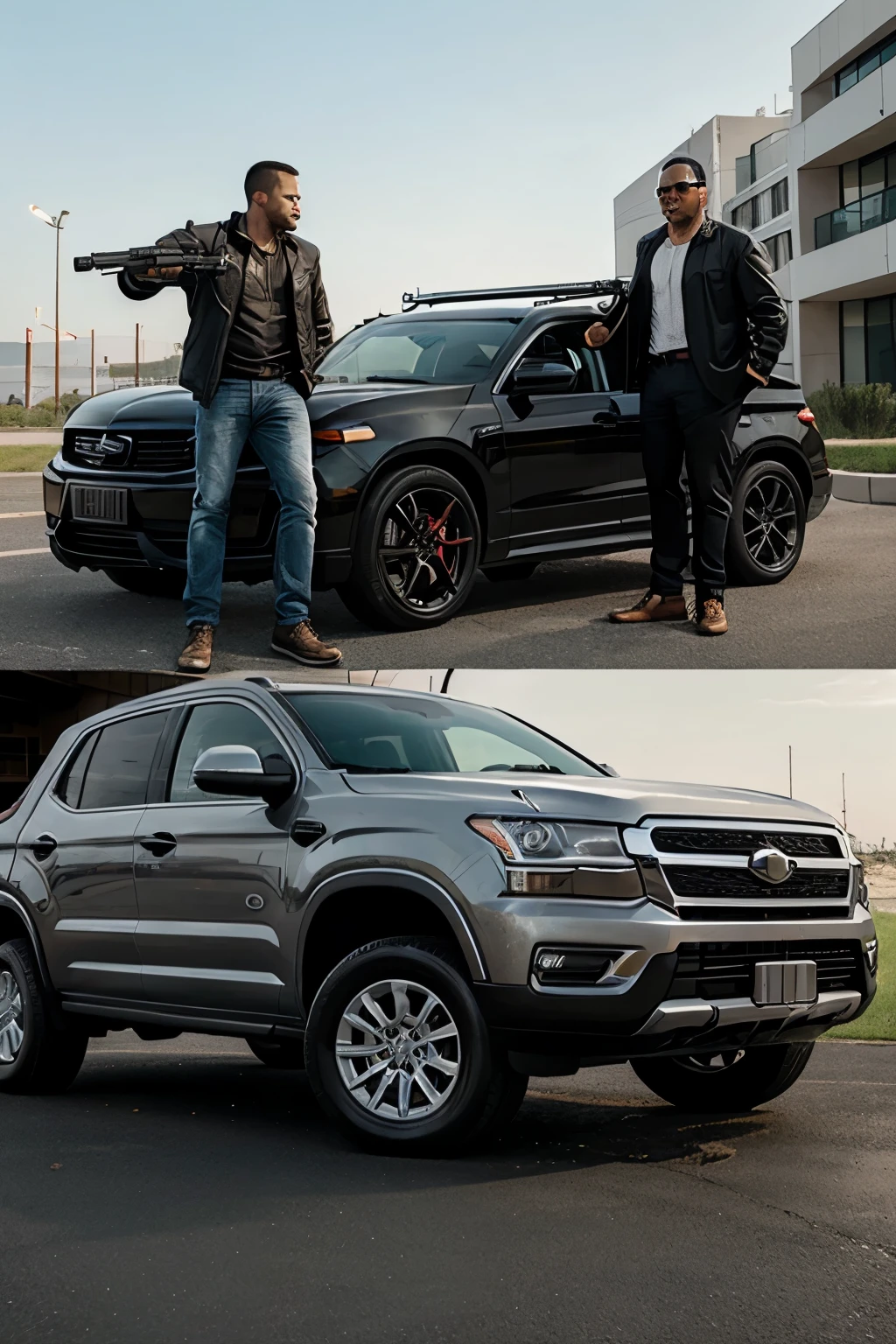 people robbing two big cars with different types of guns
