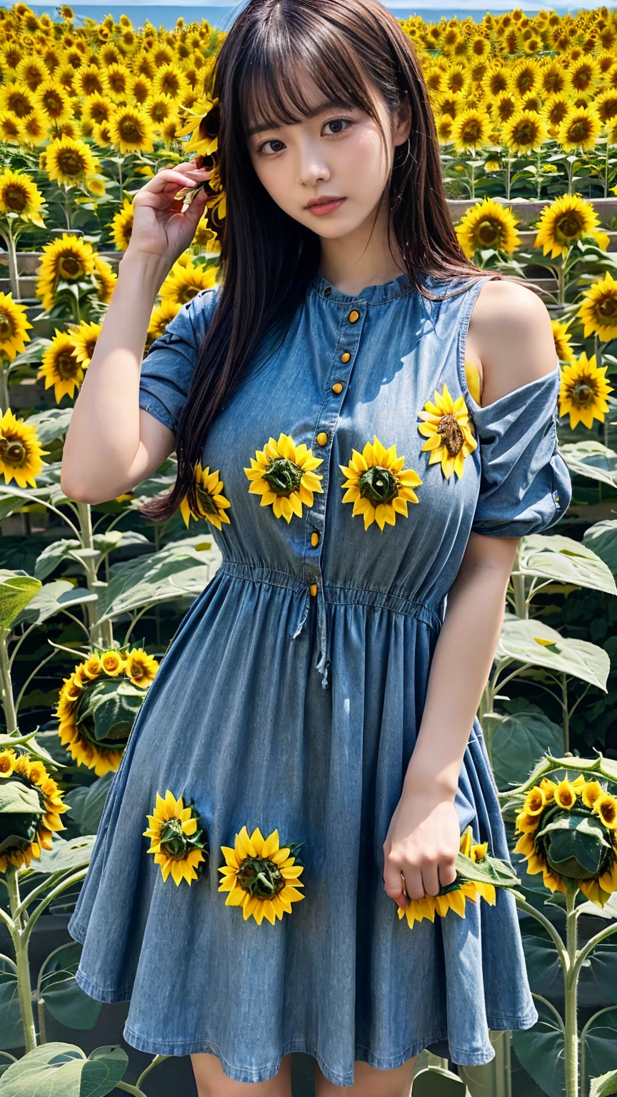 (8K, RAW Photos, Highest quality, masterpiece:1.2), (professional photography, full colors, studio-caliber color grading), (Gravure quality for high-end fashion magazines), close up, BREAK,18 year old girl, (straight hair:1.1), crying a little, Harajuku style, Big Natural Color Lip, (Plumpy body (smooth skin.1 (huge breasts BREAK (((casual dress.3)), BREAK (Sunflower field background)、