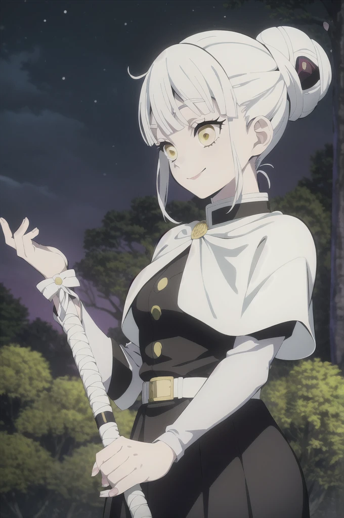 kimetsu no yaiba style, 1girl, white hair in a bun, demon slayer uniform, solo, yellow eyes,holds a katana ,white hair, black cape, black haori, outdoors, bangs, tree,, anime coloring,  ((masterpiece)) ,  night background , beautiful girl, cute, solo , smiling, waving 