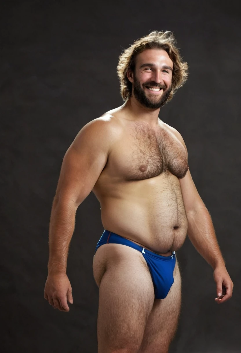 Male, nice smile, hairy, speedo, big prominent belly, big bulged and bloated belly, swollen belly, muscular, tall