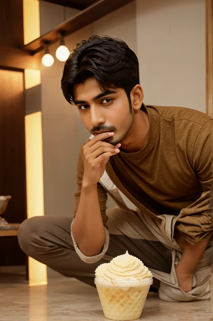 Young boy ice creem khata hua