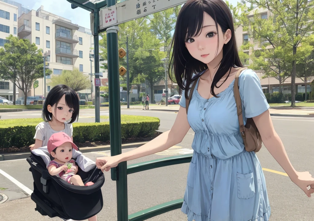 One girl、30 years old、Beauty、Playing with baby boy、Daytime Park、Not looking happy