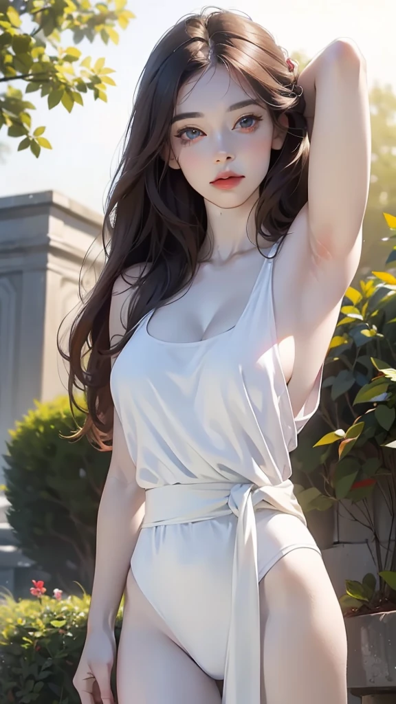 (masterpiece:1.2, best quality), 1lady, solo, photorealistic, realistic, pastel painting, intelligent, sensual, detailed eyes, well detailed, red ribbon on the hair, dark hair, best CG, perfect body, (pale skin:1.5), hand behind head, armpits odor, perfect breast, outdoors, seductive gaze,
open clothes, cleavage