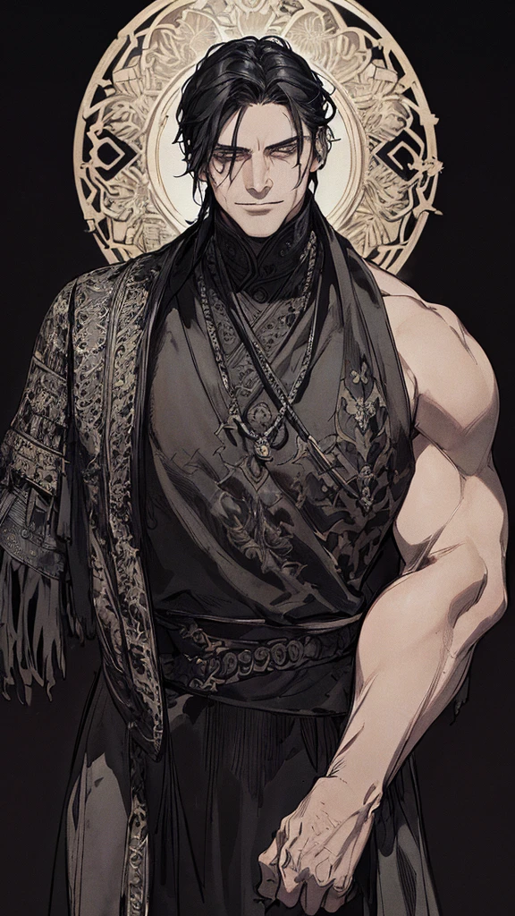 Highest quality, (background_detailed), expensive_Contrast, detailed_original_figure, Warrior, Muscular, Villain Face, Armor, full_body, Medieval, Wrinkles between the eyes, Young people, 20-year-old male, dark_stitch_landscape, (dramatic_Lighting:1. 25), (Shaded_background:1.2), black_hair, (short black hair:) 1.1 ), Delicate face, Wicked Smile, Sharp eyes, Black background, (Black background:1.5), Beautiful line art, 白black