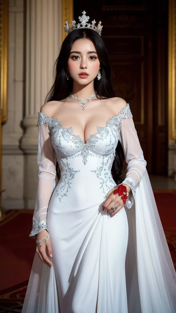 beautiful royal dress with intricate motifs [princess : ([Amina Khalil | Laura Vandervoort | Iman El Deeb]:0.9) :0.1], white royal dress, royal crown, round and firm breasts,
  [ ;   analog photo, film grain: 0.5]