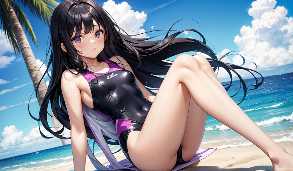 -year-oirl w long straight black hair，Bare arms，Purple and white one-piece swimsuit，beach