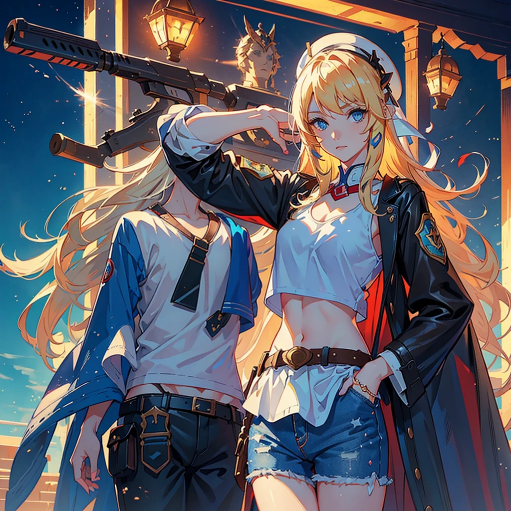 1 girl, masterpiece, macross delta splash art,  best quality, white tank top, midriff, short blue jeans, small breasts, cowboy hat, gun holster on hip, highly detailed gun, realistic gun, Colt Peacemaker in hand, gun aimed forward, sheriff badge, bullets on belt, brown leather duster, leather overcoat, detailed eyes, sparkling eyes, beautiful hands, highly detailed hands, straight hands, shiny skin, shiny hair, blue eyes, light blonde hair, tall, long hair, straight hair, full body, American flag