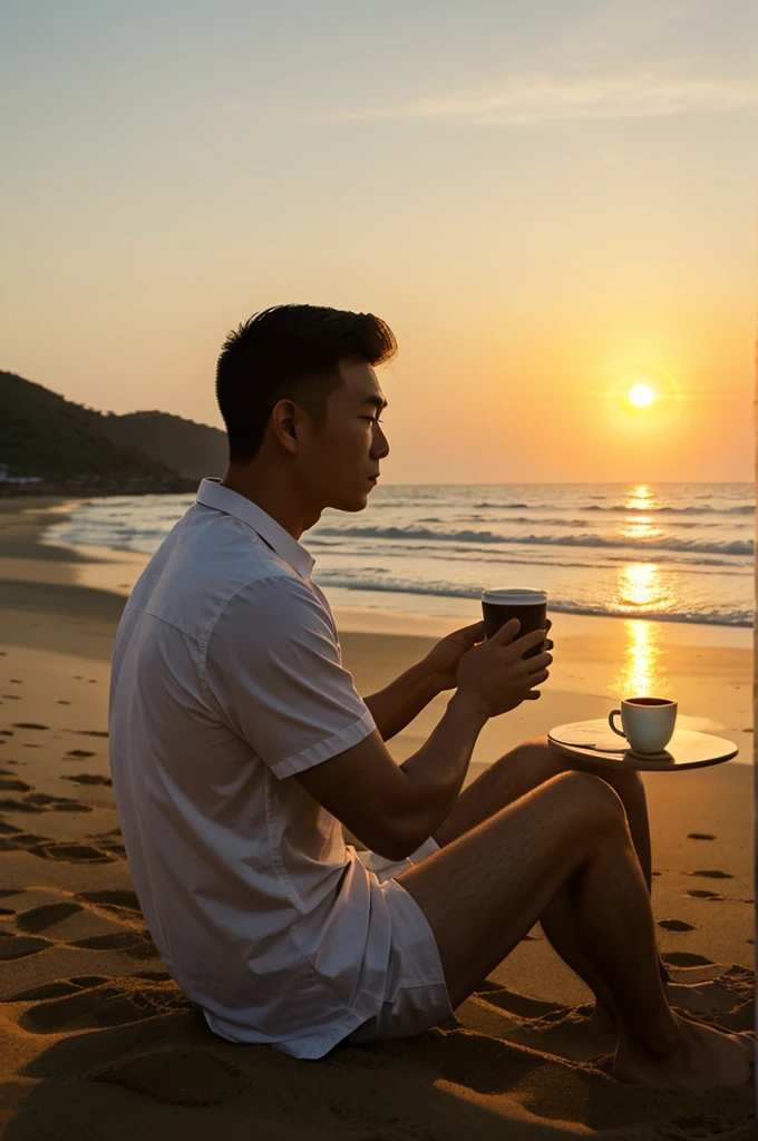 Asian guy seating on beach drinking coffee and watching sunset that cover by shadow of sunlight