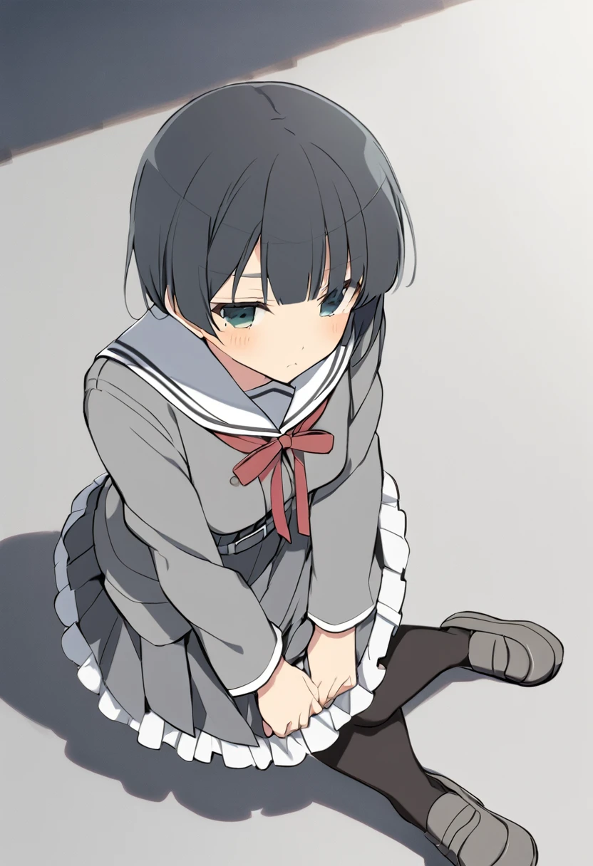 Yozakura_School, , white sailor collar, grey jacket, black buttons, grey skirt, skirt frills, neck ribbon, grey belt, black pantyhose, grey loafers
