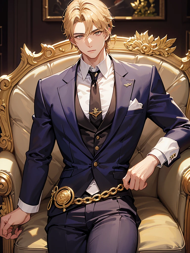 Homem de longos cabeautifuls brancos, twenty years old, muscled body, formal attire with gold details, gold eyes, cat eyes, epic, mighty, beautiful.
