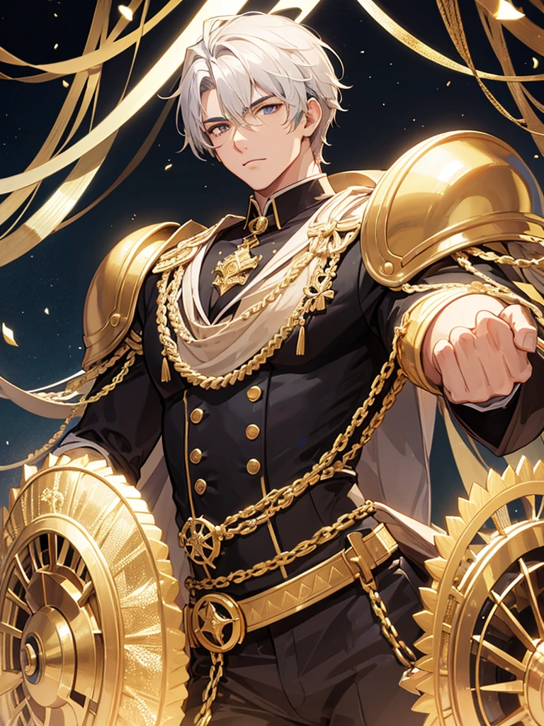 Homem de longos cabeautifuls brancos, twenty years old, muscled body, formal attire with gold details, gold eyes, cat eyes, epic, mighty, beautiful.
