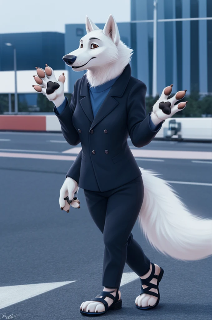 Barbara\(Moscow\), (white body:1.3), white fur, Brown eyes, Moscow, dressed, black jacket,trousers,blue,pink open heel sandals, canine, wolf, Detailed fur, Female, breast, antro, paw pads, finger claws, waving, waving at viewer, 5 fingers, paws, 4 toes,ring, 
BREAK from nextel, for dating, by xenoforge, (difficult, high detail, film photography, soft focus, RAW сидит,
Photorealism, realistic, photorealistic, digital style, Subsurface scattering,
masterpiece, Best quality, ultra realistic, 8 k)