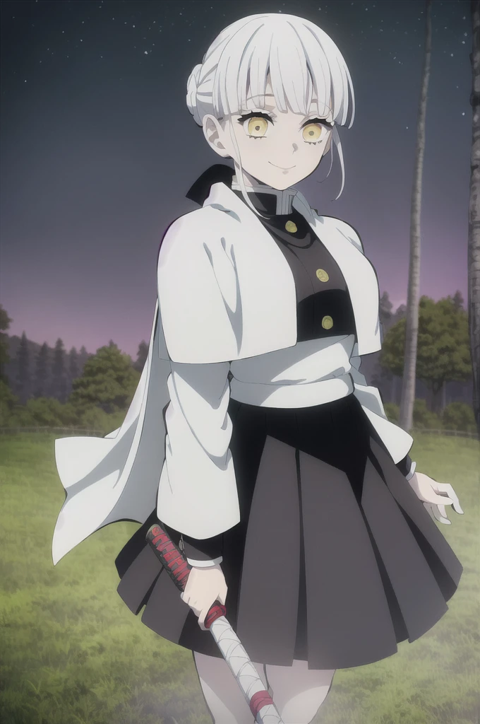 kimetsu no yaiba style, 1girl, white hair in a bun, demon slayer uniform, solo, yellow eyes,holding a katana ,white hair, black cape, black haori, outdoors, bangs, tree,, anime coloring, ((masterpiece)) , night background , beautiful girl, cute, solo , smiling, waving, ((high quality)) , standing solo.