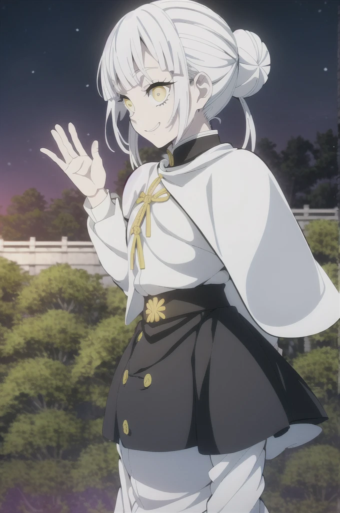 kimetsu no yaiba style, 1girl, white hair in a bun, demon slayer uniform, solo, yellow eyes,holding a katana ,white hair, black cape, black haori, outdoors, bangs, tree,, anime coloring, ((masterpiece)) , night background , beautiful girl, cute, solo , smiling, waving, ((high quality)) , standing solo.
