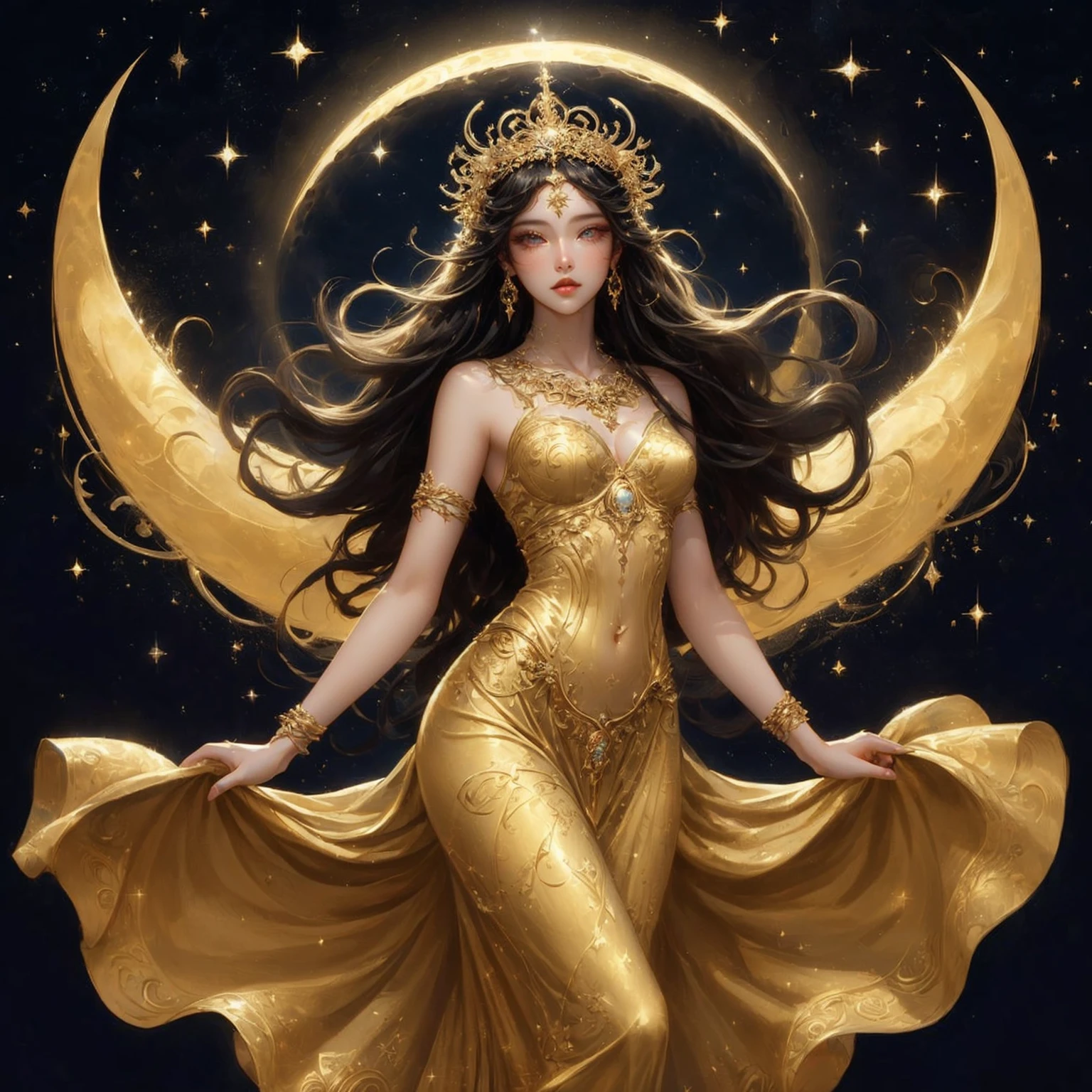 A woman in a golden dress stands in front of a starry sky., celestial goddess, beautiful heavenly mage, gorgeous goddess of leo, Argerm Julie Bell Beeple, goddess of light, moon goddess, as the goddess of the sun, Carole Bak and Peter Mohbacher, goddess. Very high detail, goddess of the sun, lunar goddess , Saw the navel. , star background , black hair , golden sparkle , golden eyes