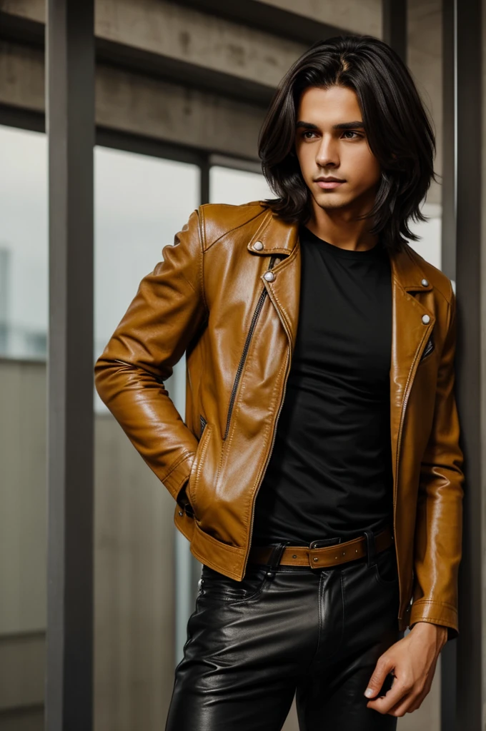 A boy with shoulder-length hair with a mustard conlor lock, tall brunette skin color wearing a leather jacket, black pants, tight fitting black t-shirt, brown eyes medium complexion